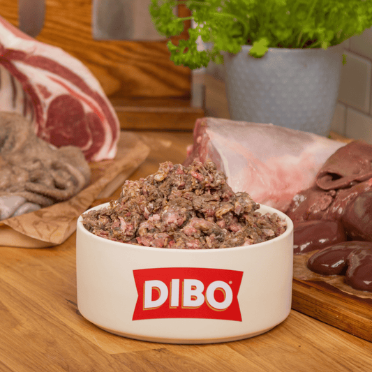 DIBO raw dog food in a bowl on a wooden table with raw meat in the background