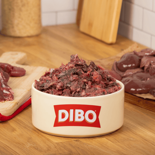 DIBO raw venison dog food in a bowl on a wooden surface with raw meat in the background