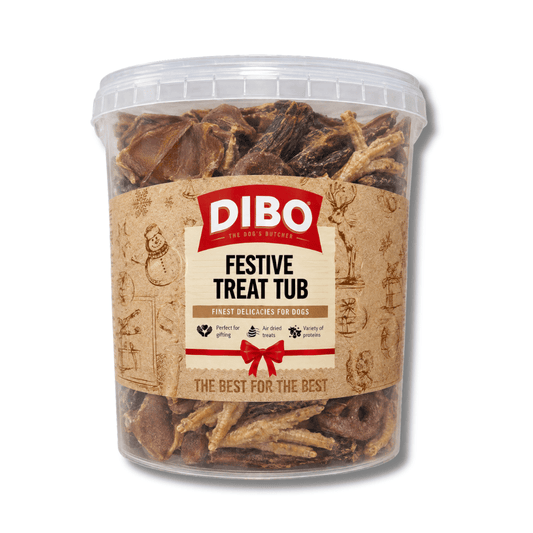 A clear plastic tub of Dibo Festive Treat Tub dog treats, showing brown and beige dried dog treats inside, with a festive brown paper label featuring the red Dibo logo.