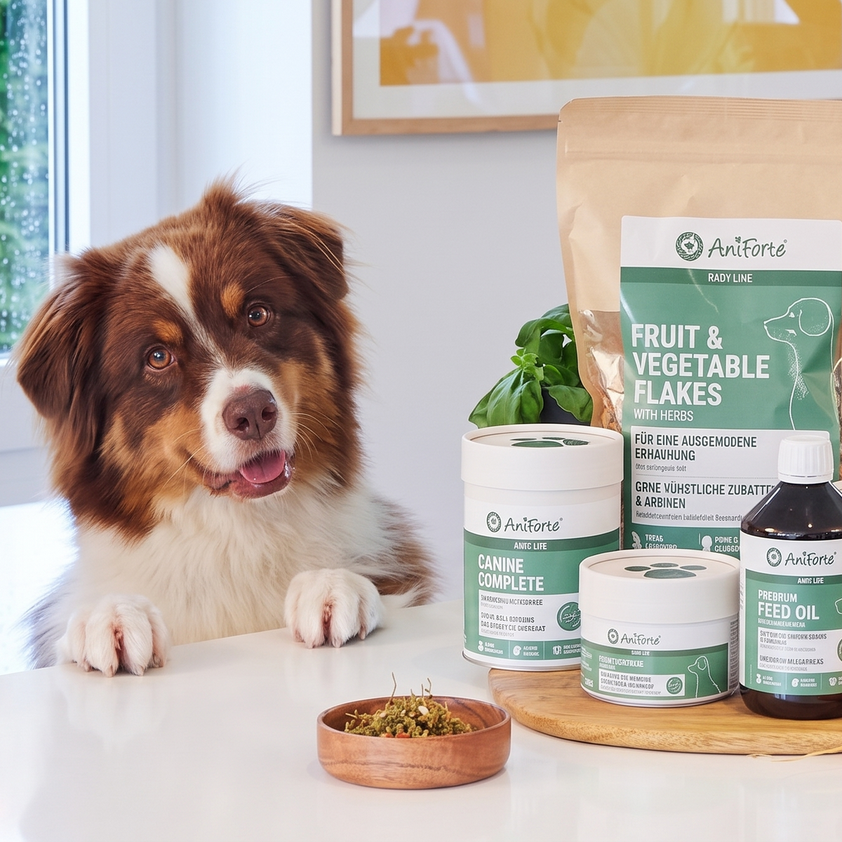 A brown and white dog sits at a white table next to a set of Aniforte pet supplement products, including a bag of fruit and vegetable flakes, canine complete, a small jar, a white jar, and a bottle of feed oil, with a small wooden bowl of dried herbs in front.