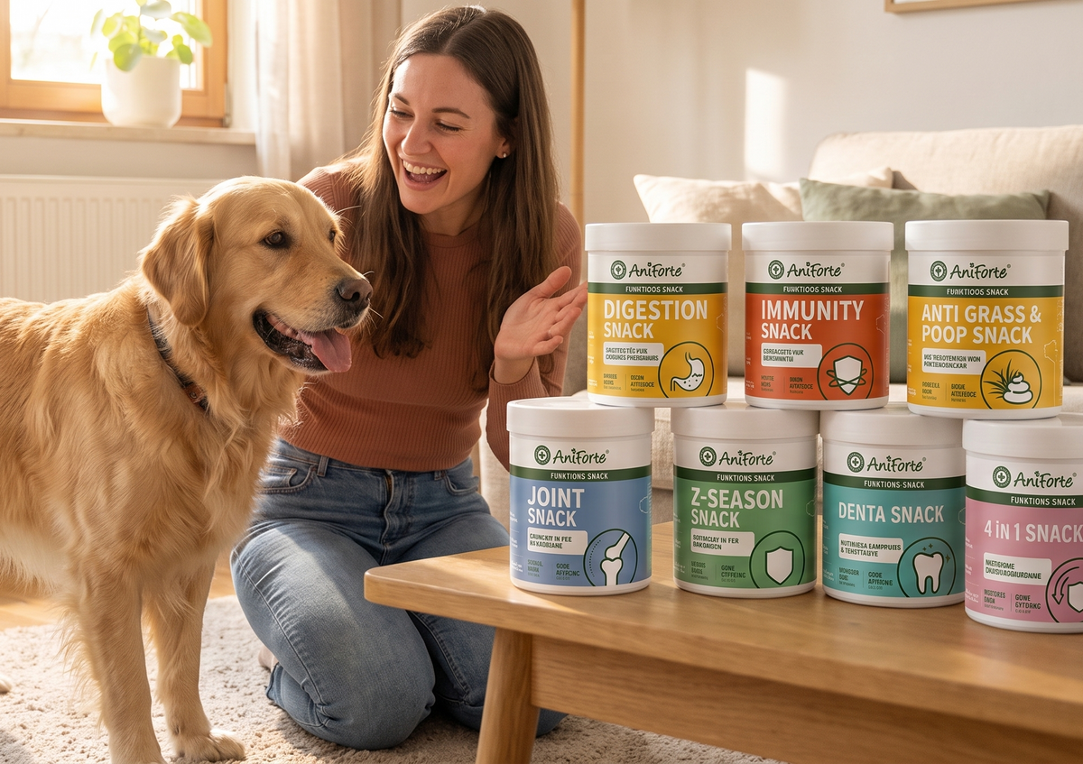 A woman kneels on a carpeted floor next to a golden retriever dog, smiling and pointing toward a set of Aniforte pet supplement containers arranged on a wooden table in a bright living room.