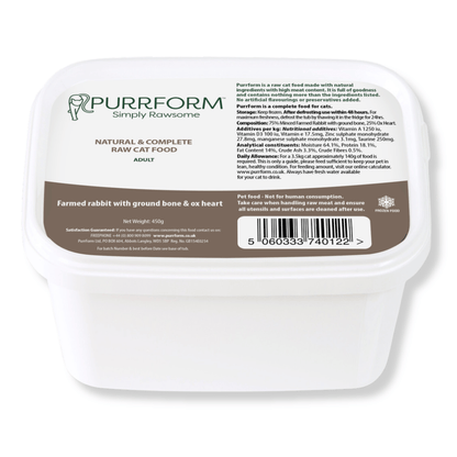 Purrform Farmed Rabbit with Ground Bone & Ox Heart 450g