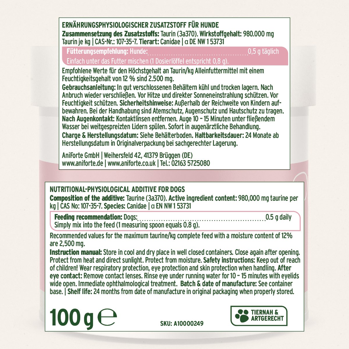Taurine Powder for Dogs - 100g - Amino Acid Supplement - AniForte UK